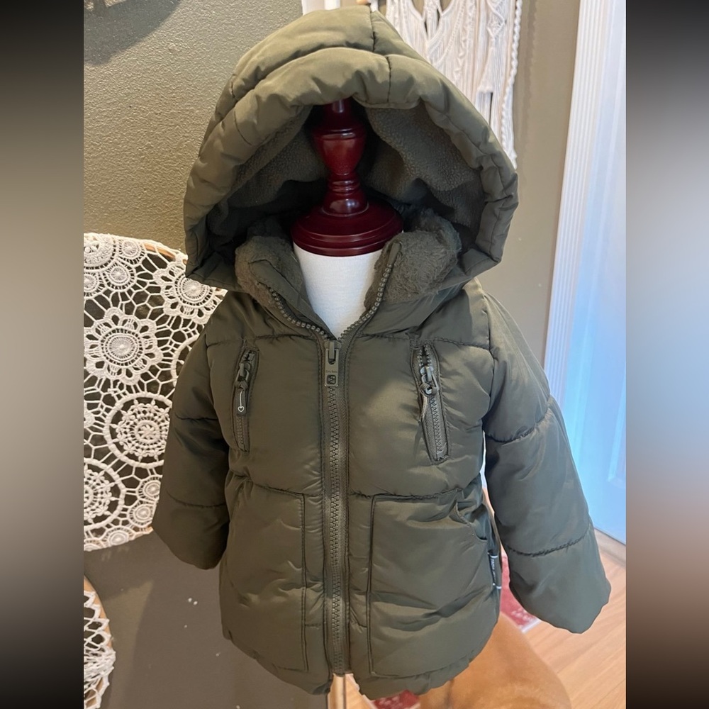 ZARA Olive Green Hooded Puffer Jacket 12-18m